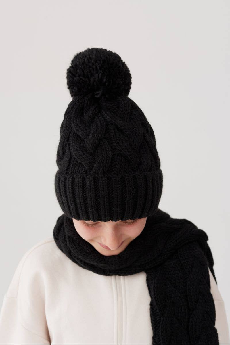 Set van gevlochten muts en sjaal met wol – unisex - zwart