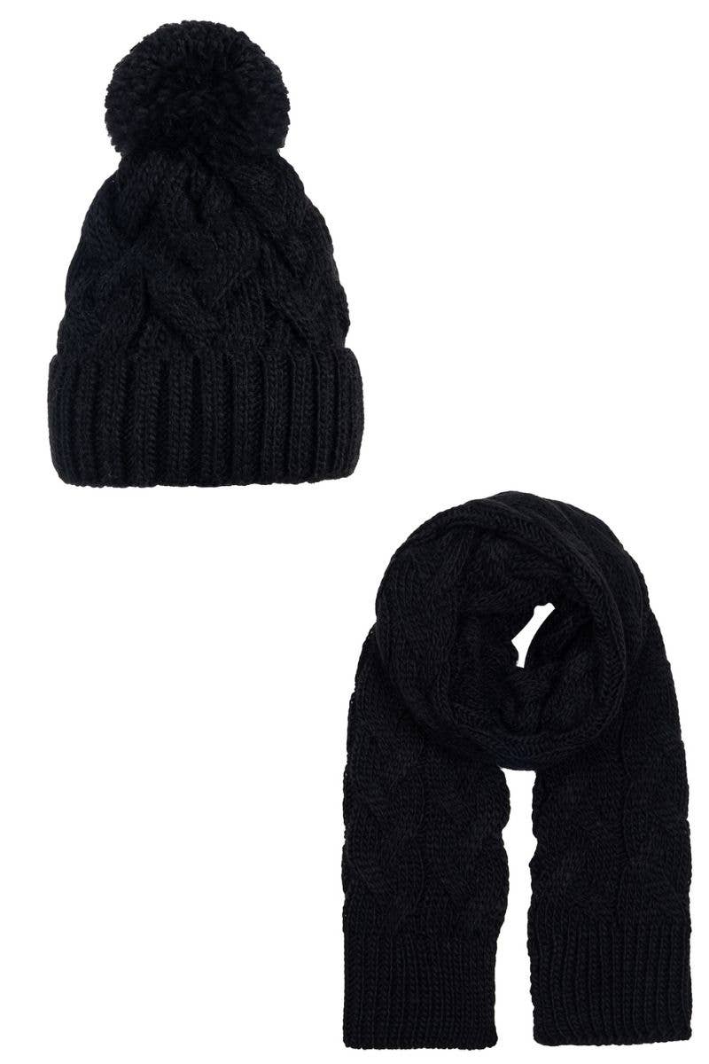 Set van gevlochten muts en sjaal met wol – unisex - zwart