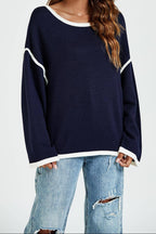 Luxe gestreepte oversized damestrui – Marineblauw & wit