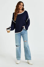 Luxe gestreepte oversized damestrui – Marineblauw & wit