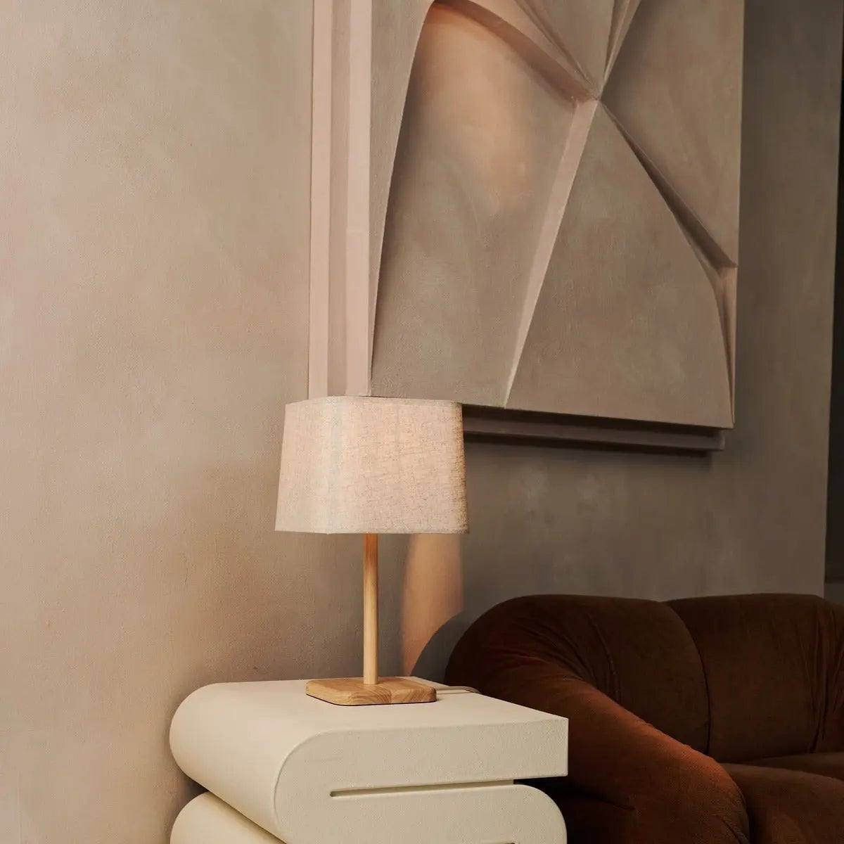 Marley Houten Lamp met Beige Kap | Stijlvolle & organische woonverlichting