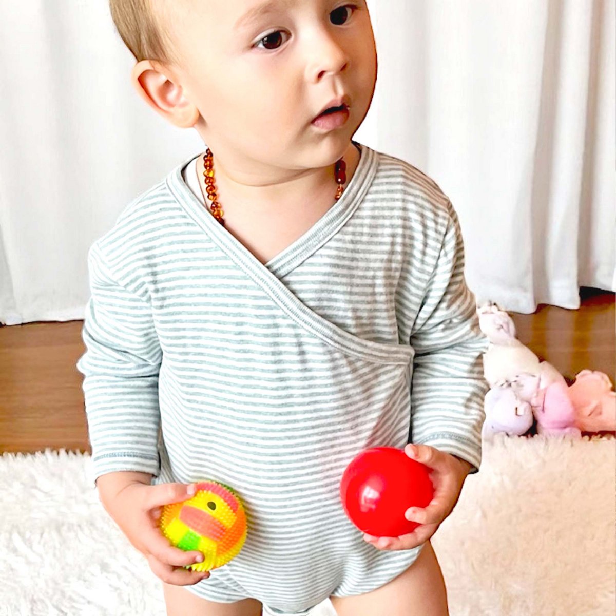 Biologische kimono body met lange mouwen – aqua gestreept