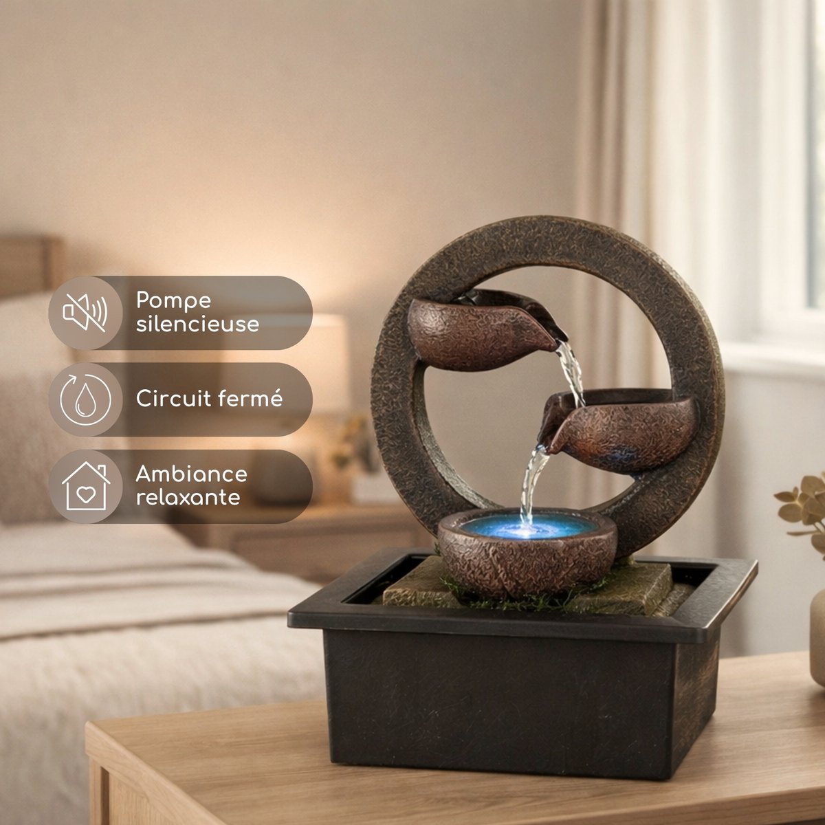 Binnenfontein - Terai - Zen Decor Idee - Kleurrijk ledlicht - Waterstroomcascade - Ontspannend sfeercadeau