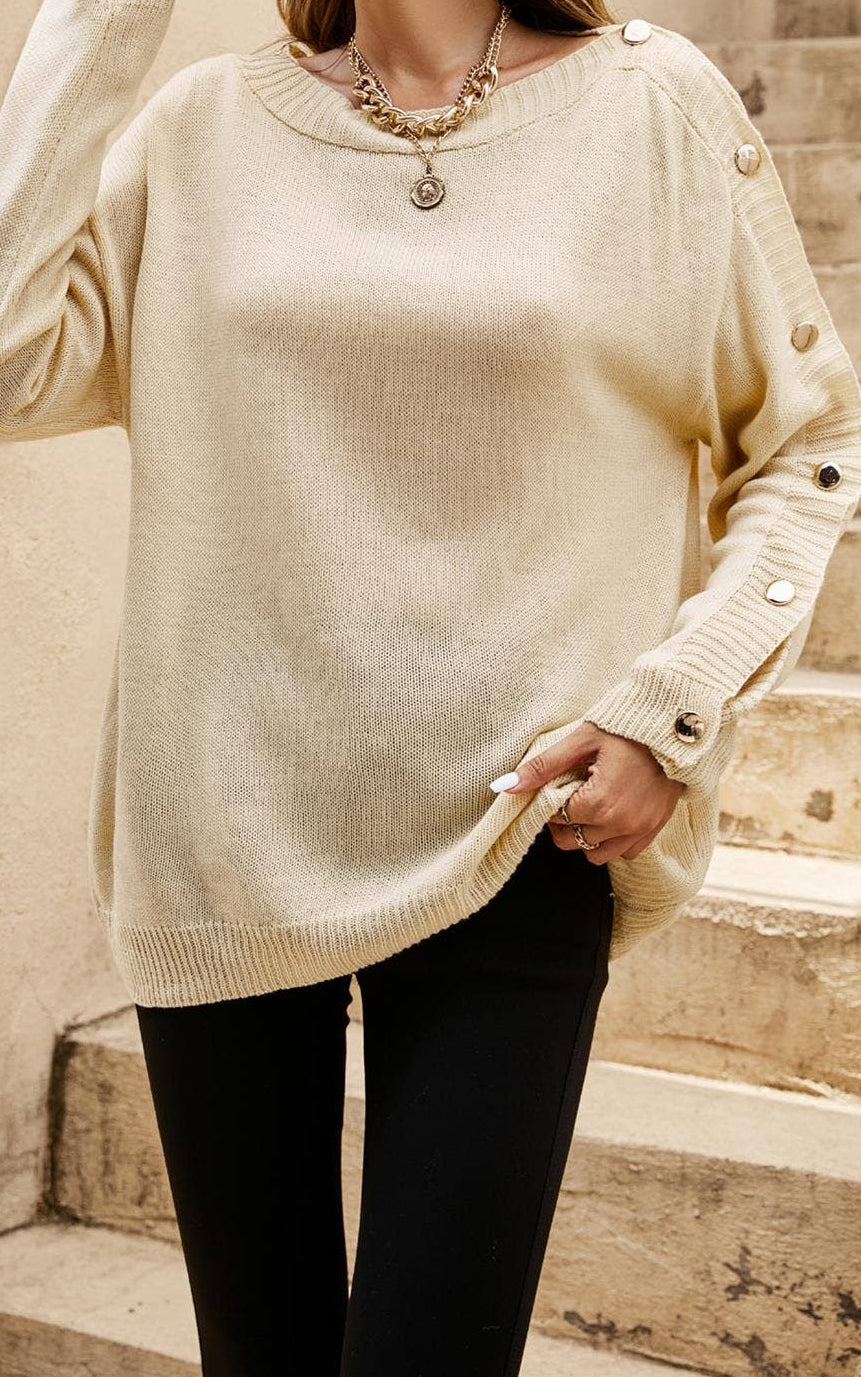 Stijlvolle gebreide damespullover met knoopdetails – Beige