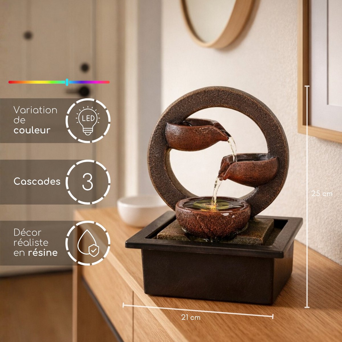 Binnenfontein - Terai - Zen Decor Idee - Kleurrijk ledlicht - Waterstroomcascade - Ontspannend sfeercadeau