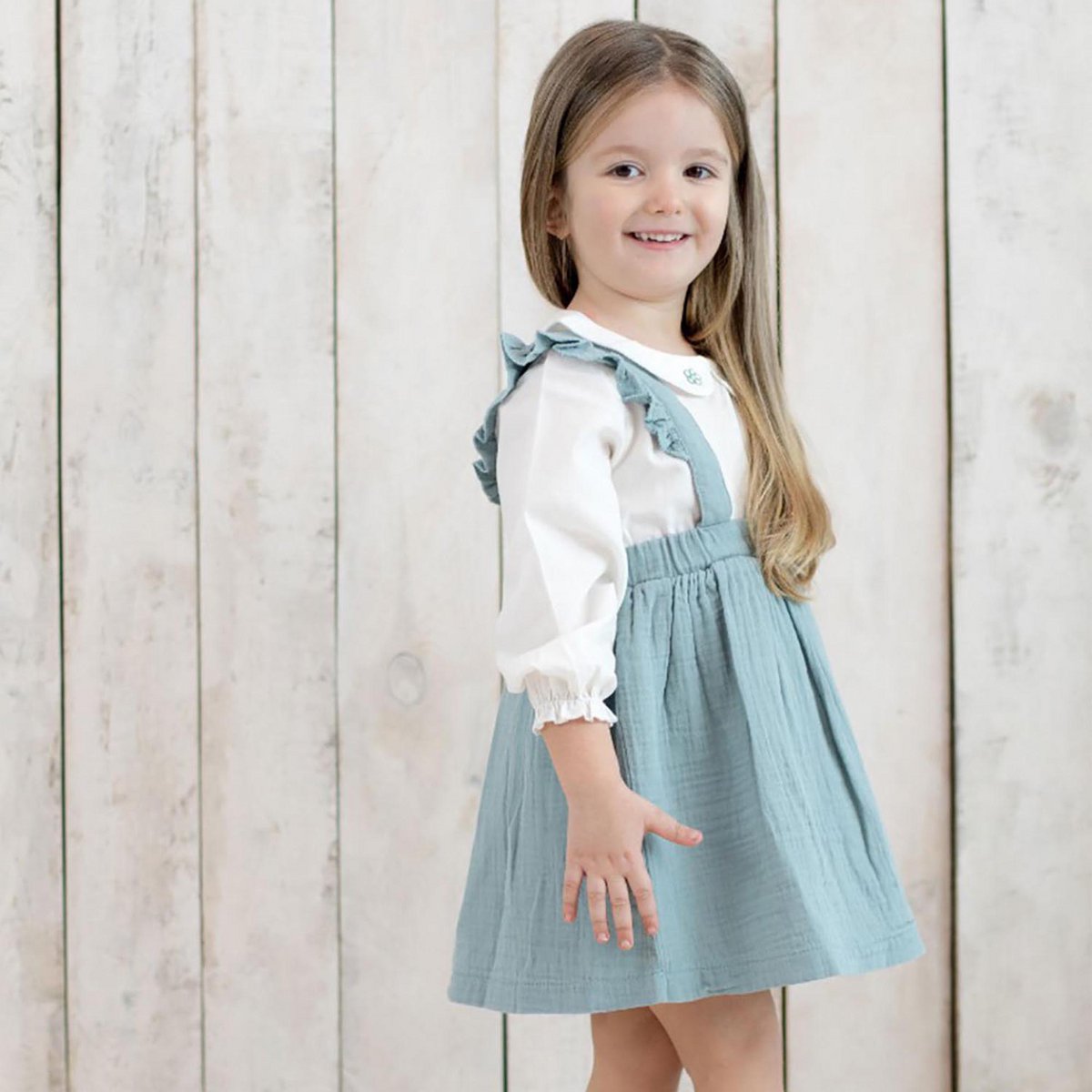 Biologische mousseline babyjurk met franjes – aqua