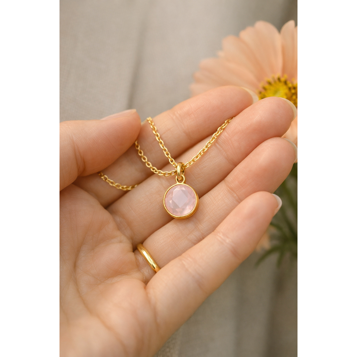CAT Ketting met Roze Chalcedoon 44 cm – Verguld Sterling Zilver