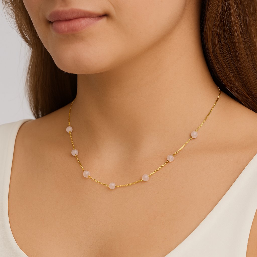 Nora Ketting met Roze Chalcedoon 40 cm – Verguld Sterling Zilver