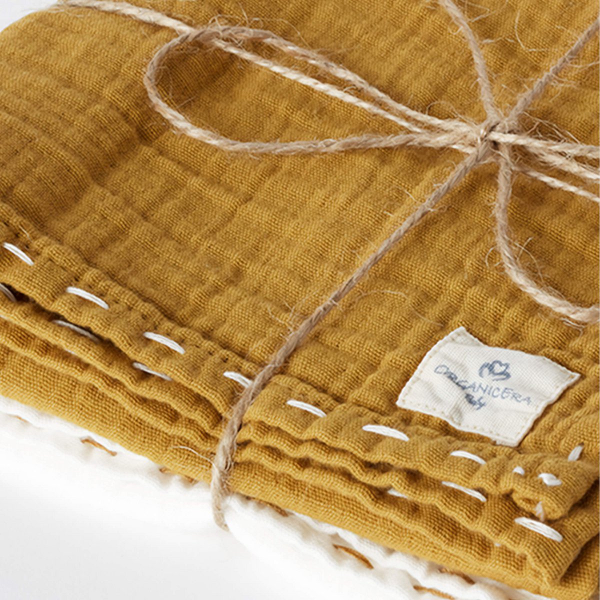 Biologische mousseline babydoeken – set van 2, mosterd (handgeborduurd)