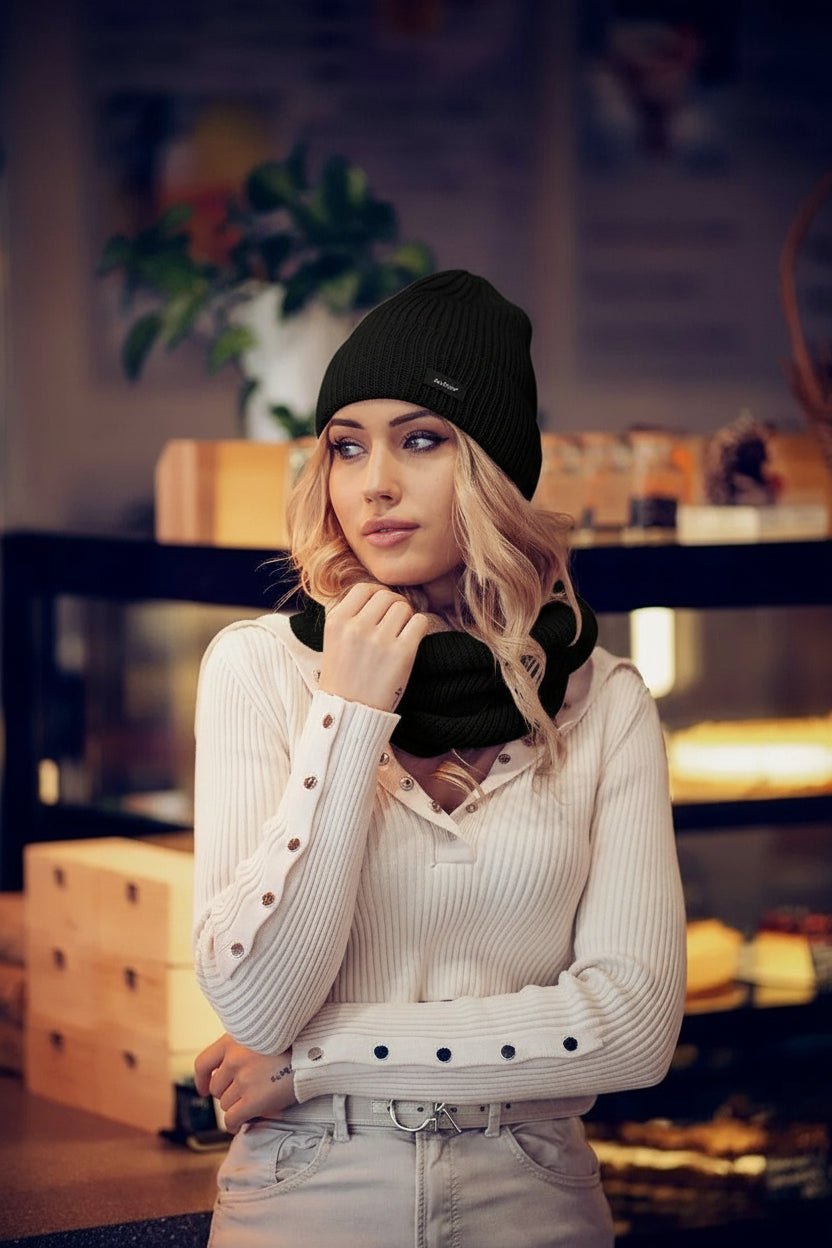 Luxe Wolmix Hoed & Snood Set – SESIL | Zwart