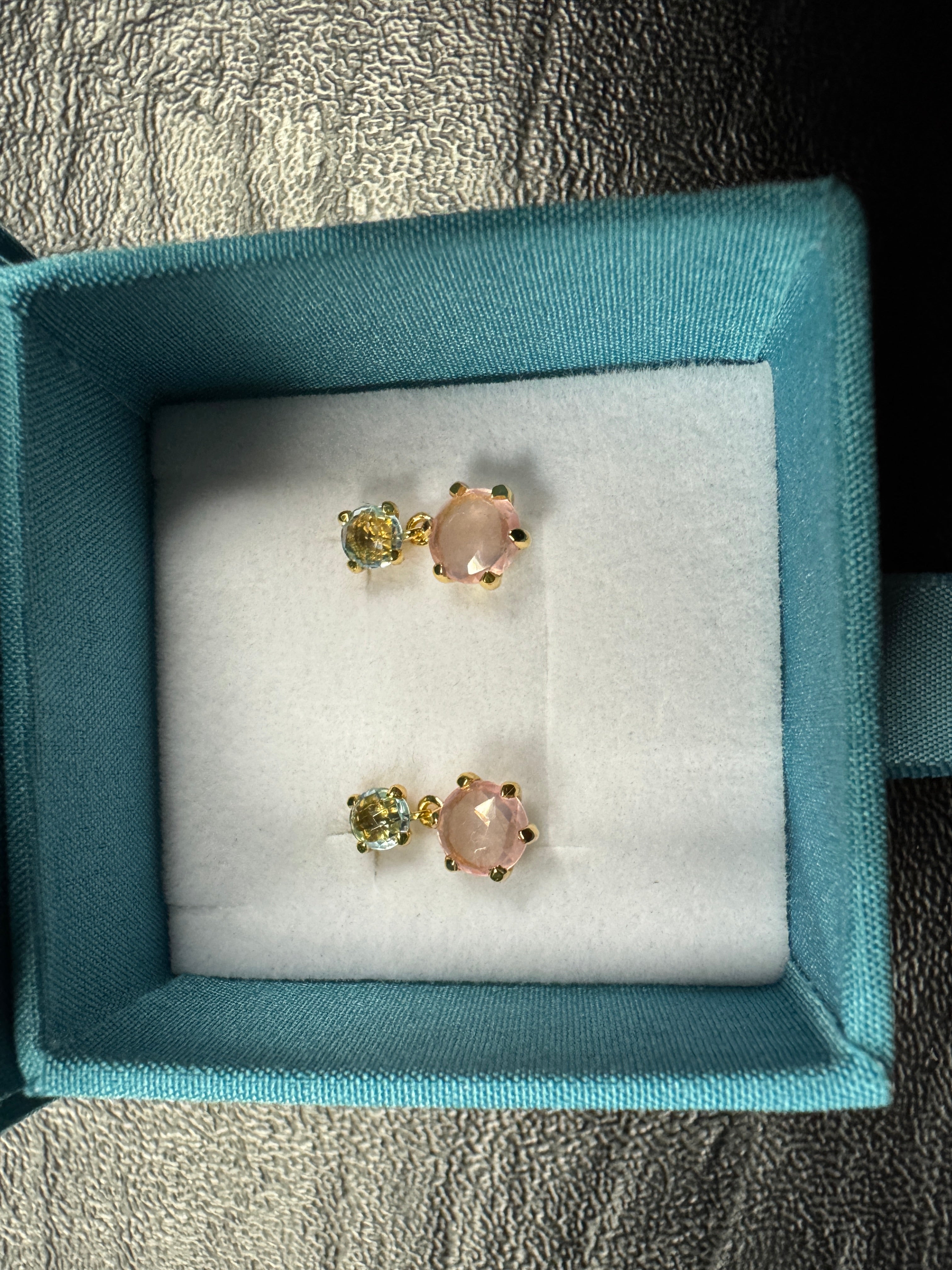 18k goud vergulde oorbellen met rozenkwarts & blauwe topaas