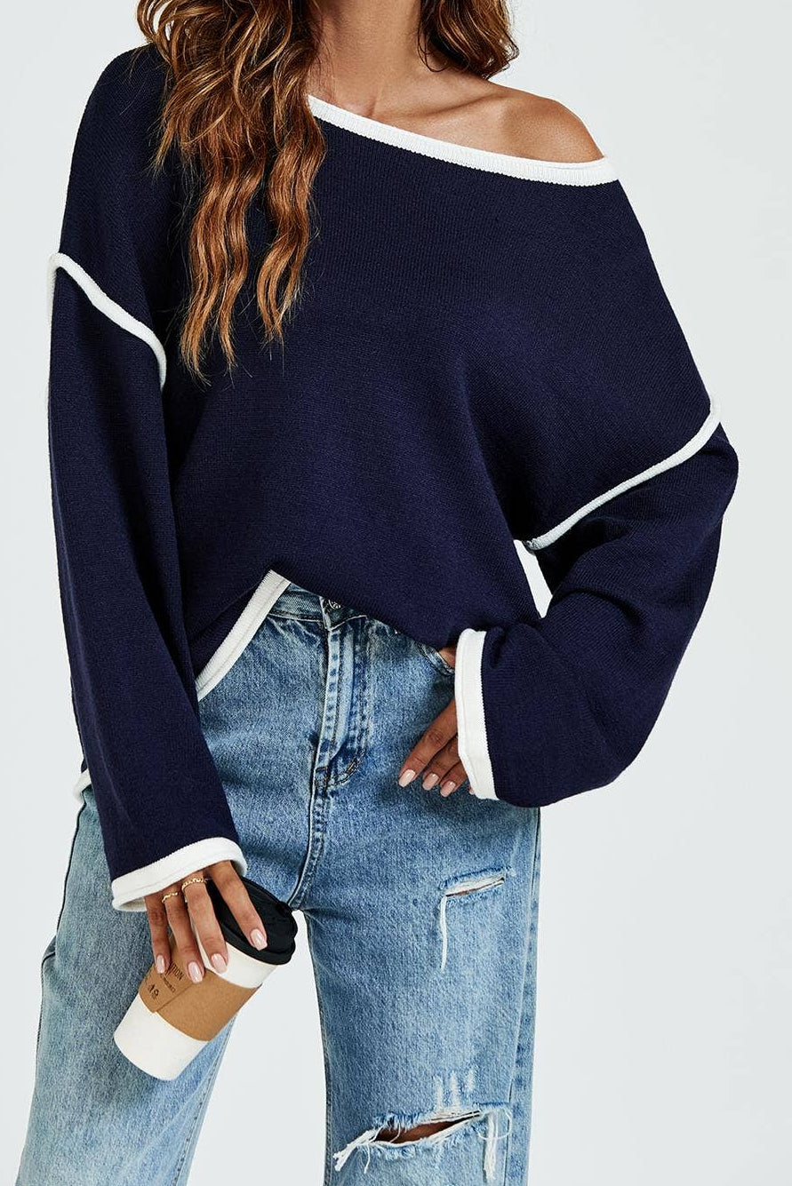 Luxe gestreepte oversized damestrui – Marineblauw & wit