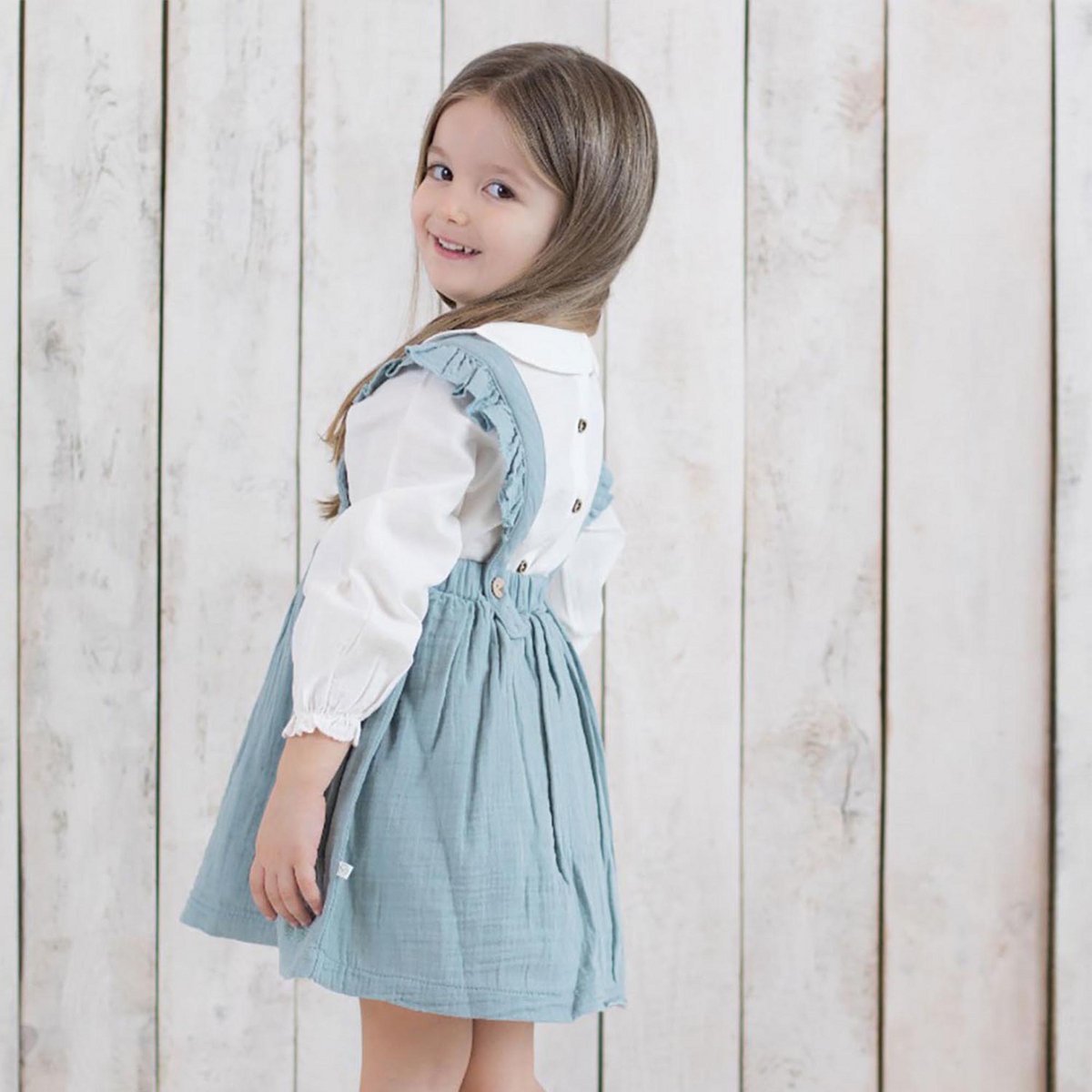 Biologische Mousseline Kinderjurk met Ruches – Aqua