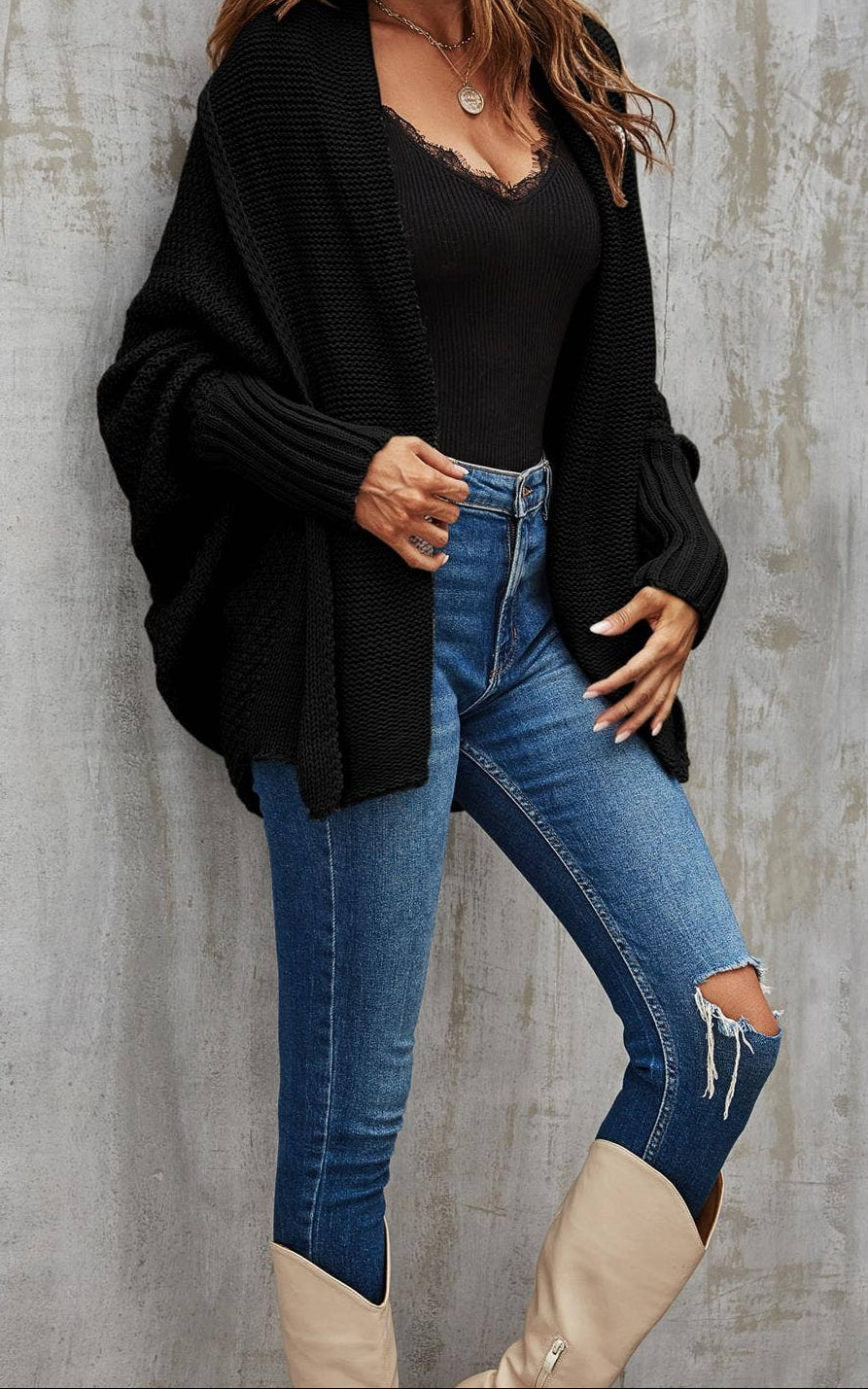 Warm oversized damesvest met plooi-detail – Zwart