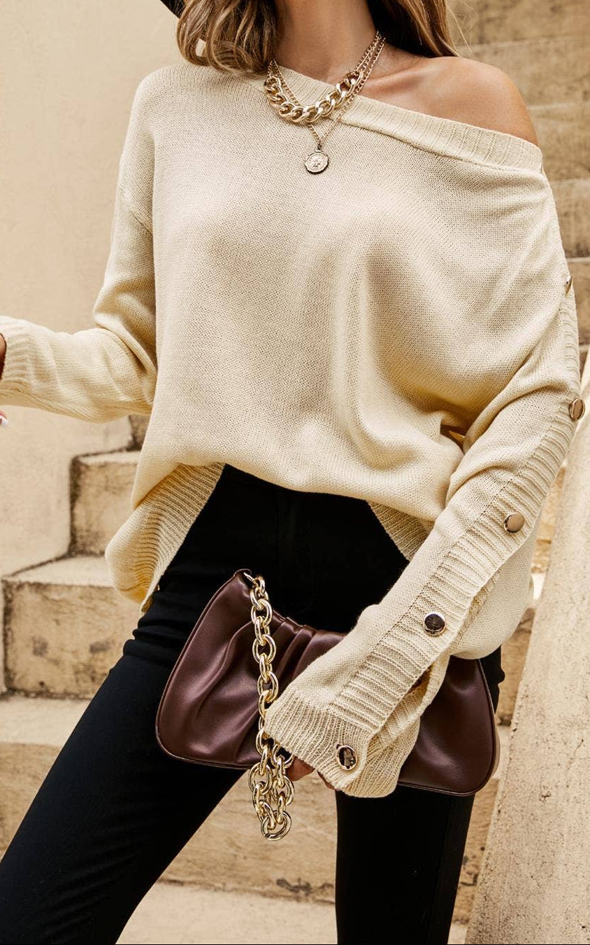 Stijlvolle gebreide damespullover met knoopdetails – Beige