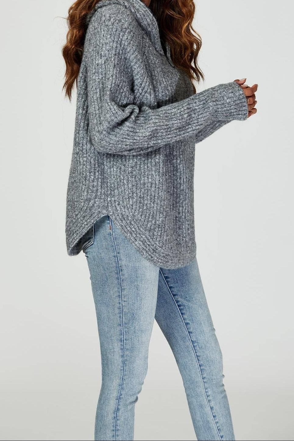 Luxe gebreide dameshoodie met ritsdetail – Grijs