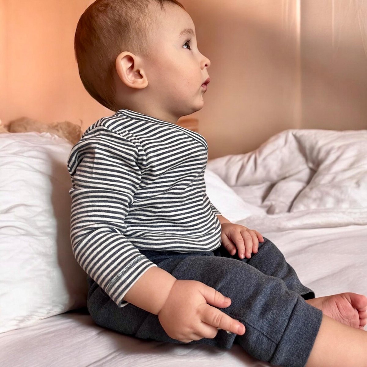 Biologische kimono body met lange mouwen – indigo gestreept