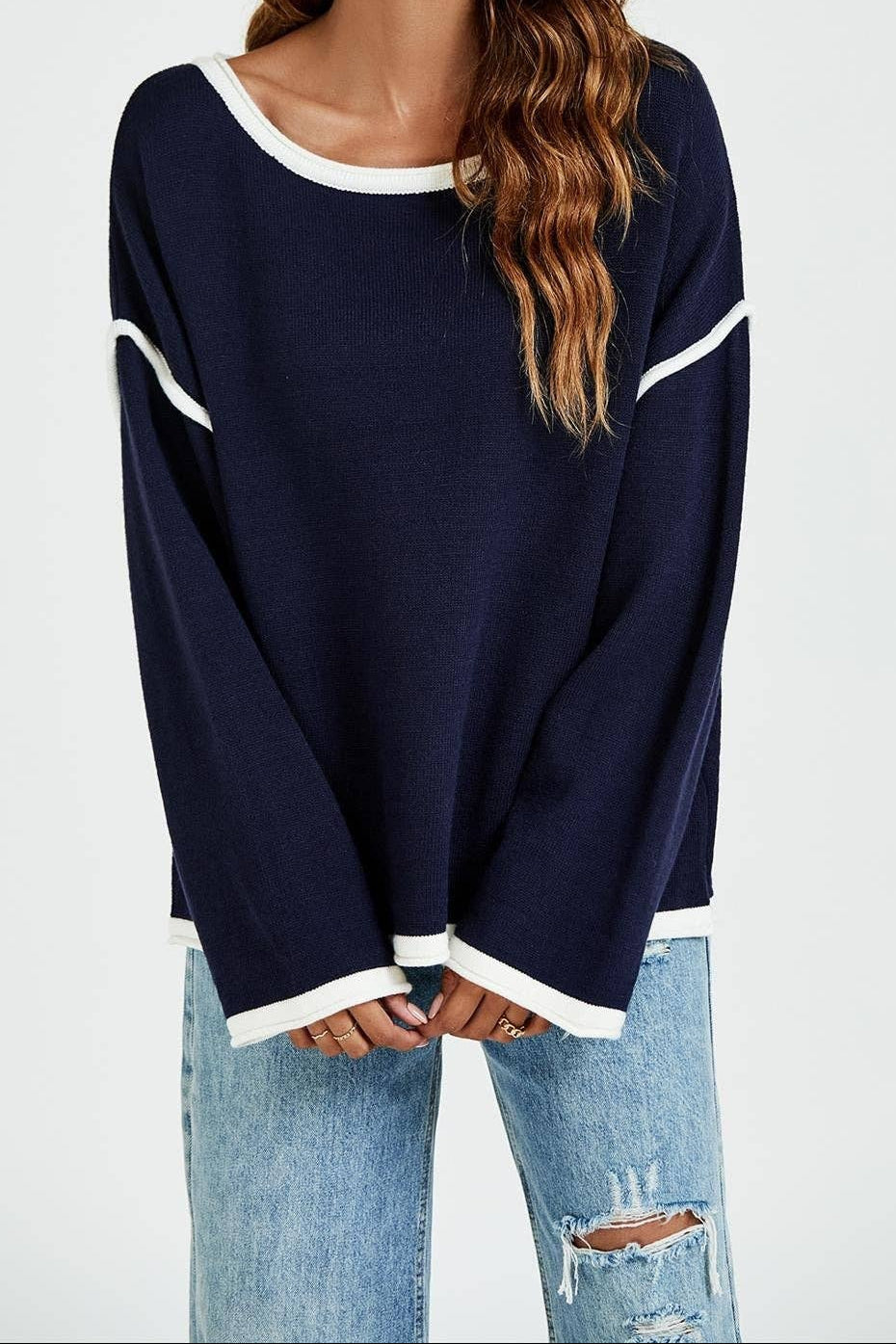 Luxe gestreepte oversized damestrui – Marineblauw & wit