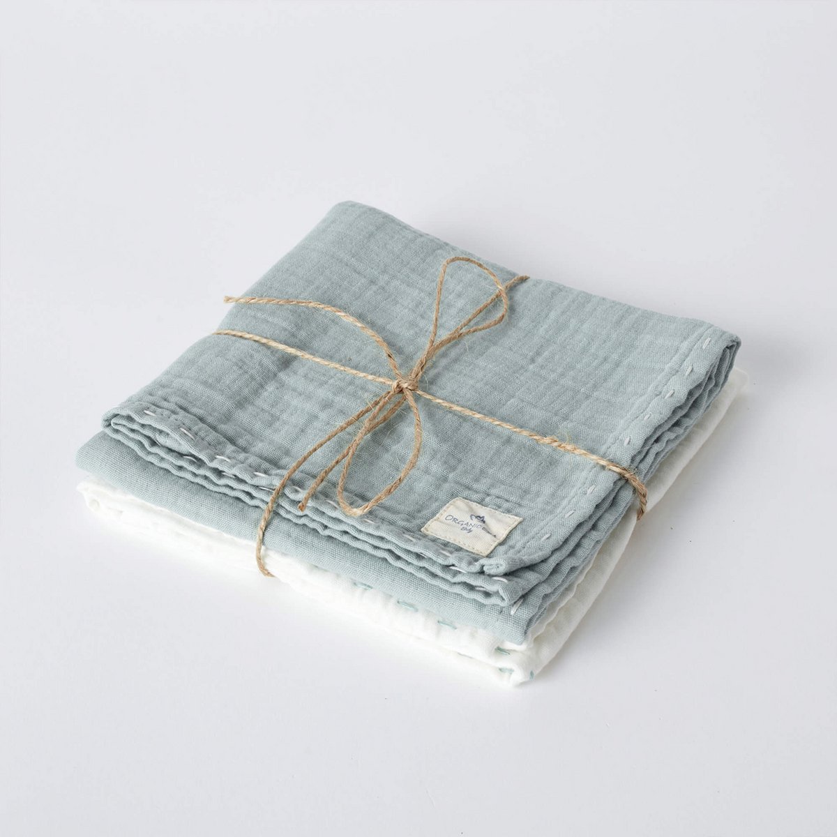 Biologische mousseline babydoeken – set van 2, aqua (handgeborduurd)