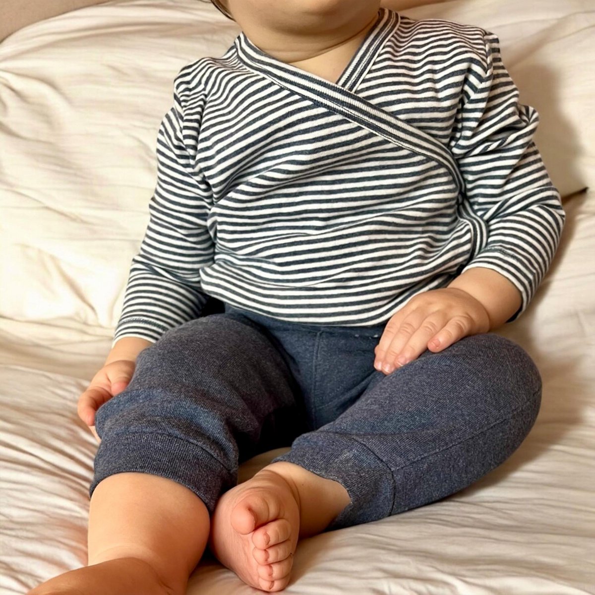 Biologische kimono body met lange mouwen – indigo gestreept