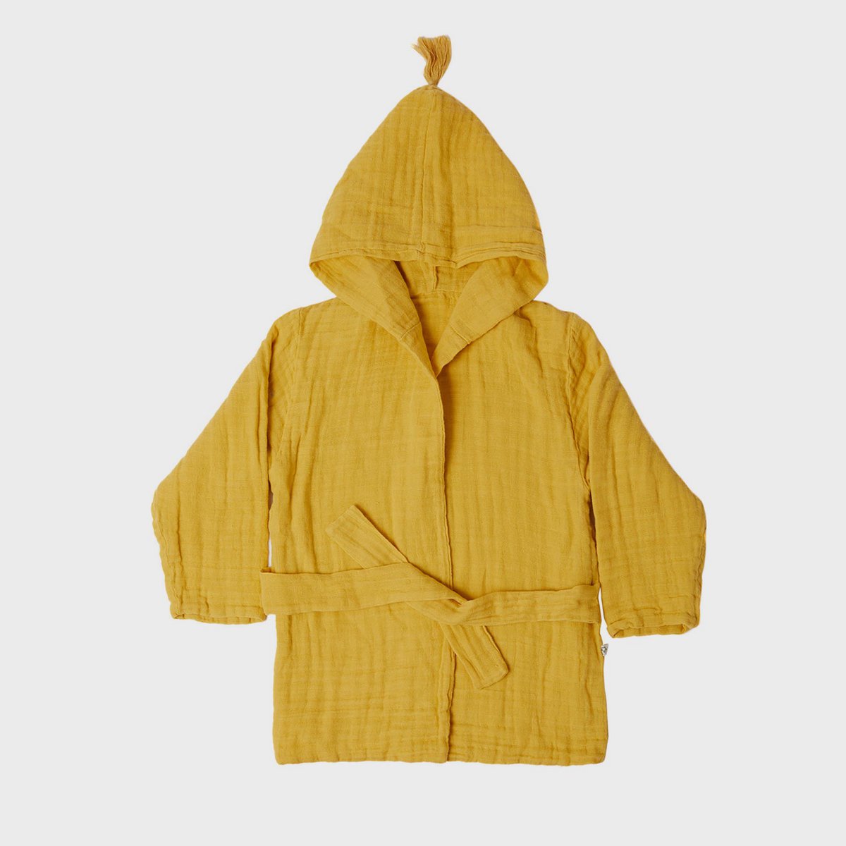Biologische mousseline kinderbadjas met capuchon – mosterd (3–4 jaar)