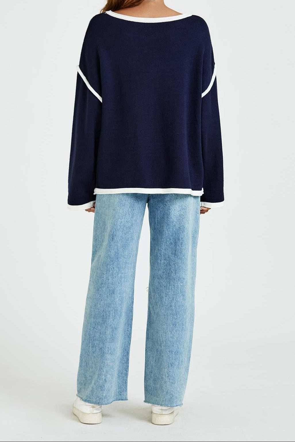 Luxe gestreepte oversized damestrui – Marineblauw & wit