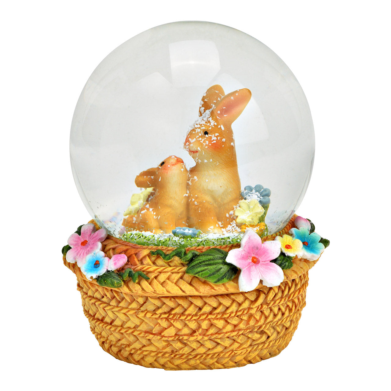 Sneeuwbol met konijn op bloemhoedbasis – Bruin | 7 × 9 × 7 cm